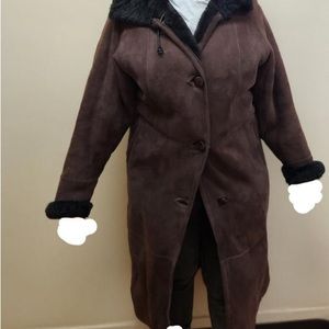Women Classic Long Shearling Coat Brown suede